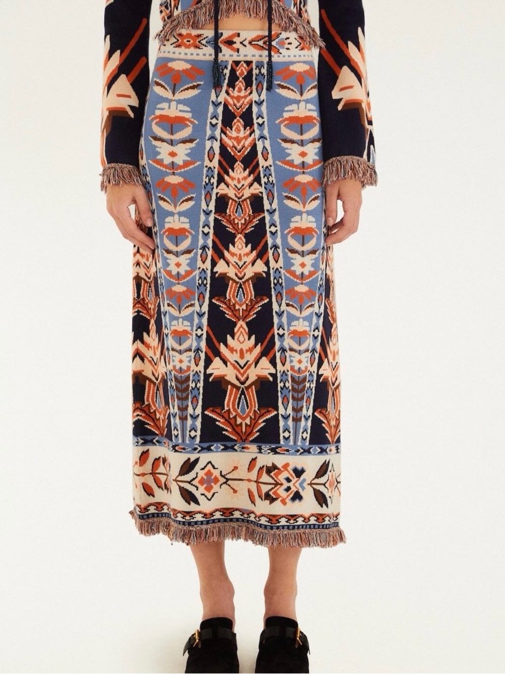 NWT FARM Rio Multicolor Tapestry Fringes Knit Midi Skirt size small reg $180 - Picture 4 of 10